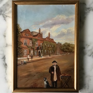 Un pequeño y encantador aceite de arte popular victoriano en una pintura de escena callejera de cartón.