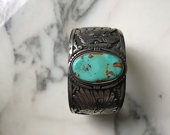 Exceptional Vintage Navajo Sterling Silver Turquoise Native American Ring Old Exceptional Vintage Navajo Sterling Silver Turquoise Native American Ring Old