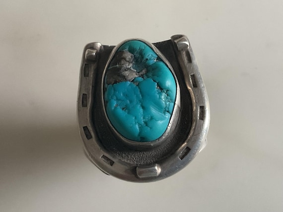Magnificent Vintage Native American Navajo Turquoise Sterling Silver Ring Signed Magnificent Vintage Native American Navajo Turquoise Sterling Silver Ring Signed