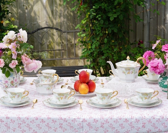 Antique Rare German Hand Painted pink roses with etched gilding Tea set for 9 persons (30 pieces)