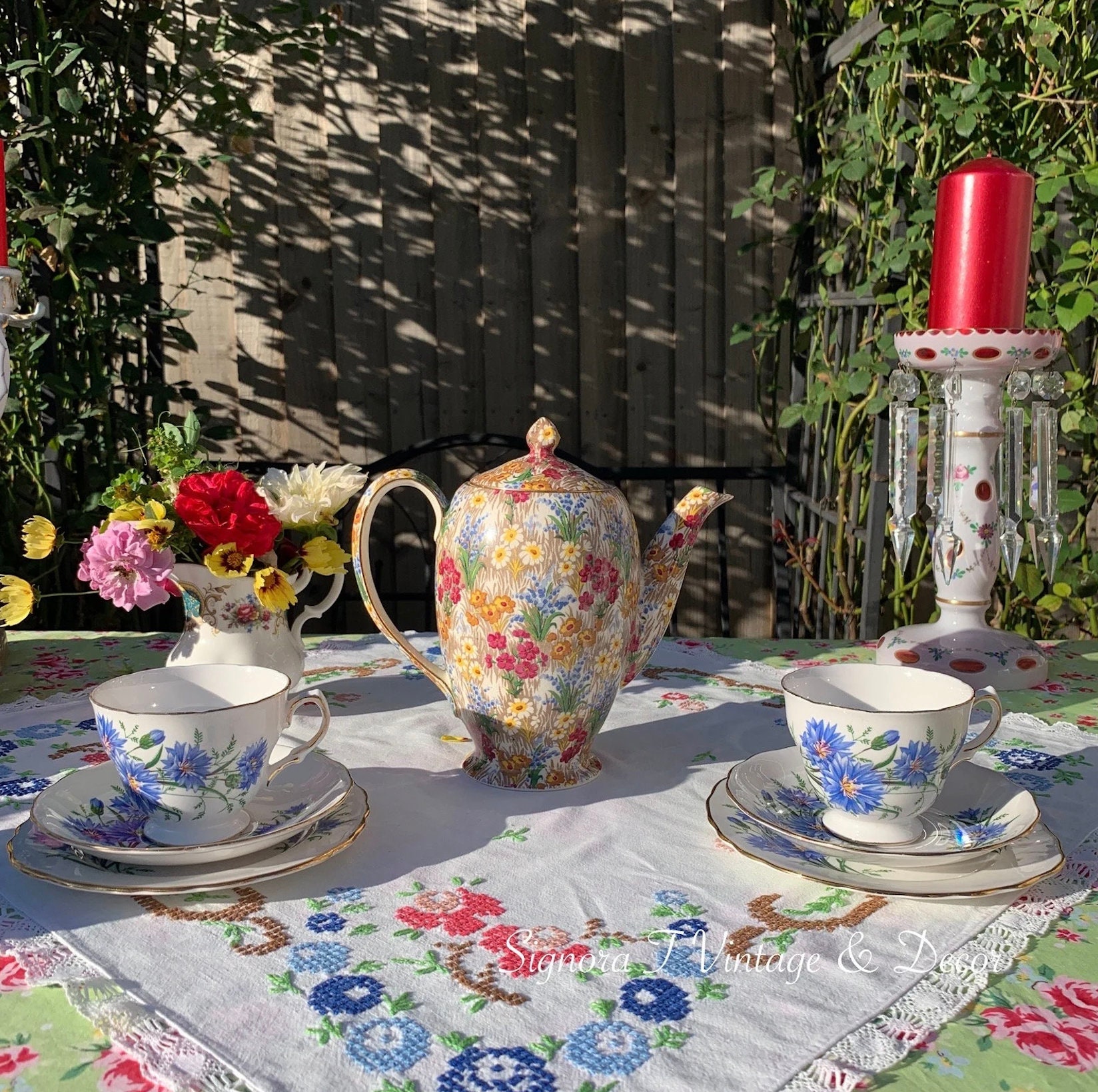 クイーンアン ブルー コーンフラワー ティーセット：ヴィンテージ