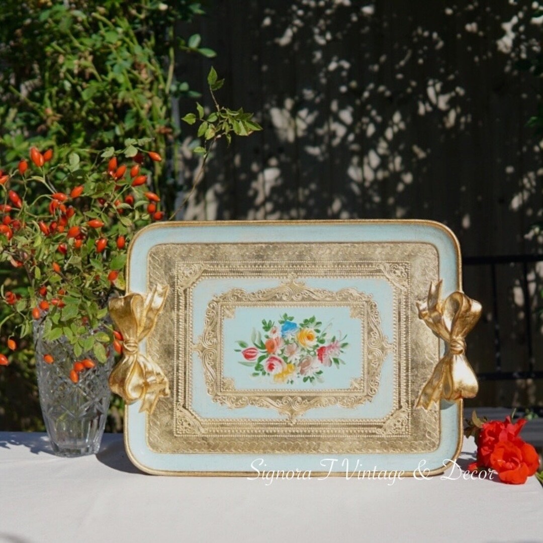 Sage Green Florence Tray Rectangular & Ribbon Handle With Hand Painted ...