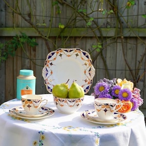 Royal Grafton Swag & Flowers Orange Cobalt Tea Set c.1930 (8 pieces)