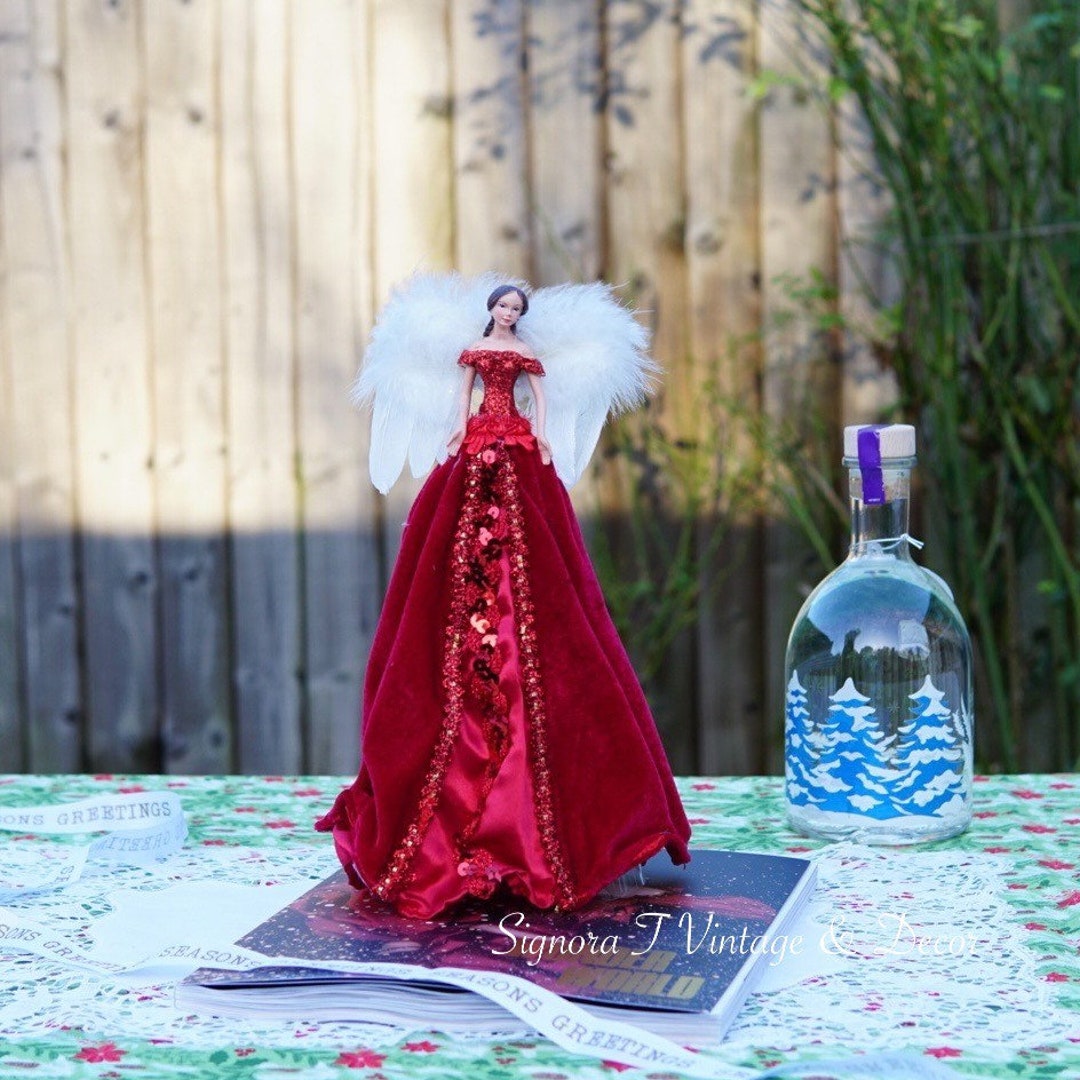 Red Velvet Fairy Tree Topper With Feather Wings Etsy