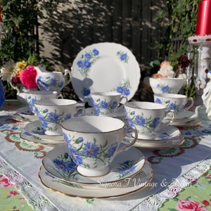 Peut inclure: Un service à thé vintage avec un motif floral bleu. L'ensemble comprend une théière, un pot à crème, un sucrier, six tasses à thé et six soucoupes. Les tasses à thé et les soucoupes ont une délicate bordure dorée.