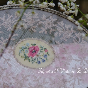 Vintage dressing tray with lace & embroidered anemones, forget me not