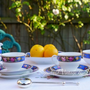 Vintage Bone China Blue and Roses Tea Set (9 pieces)