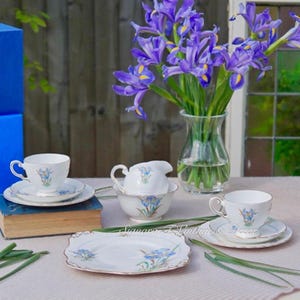 May include: A vintage tea set with a floral design, including teacups, saucers, a creamer, and a serving plate. The set is white with blue iris flowers and gold trim. A vase of purple irises is in the background.