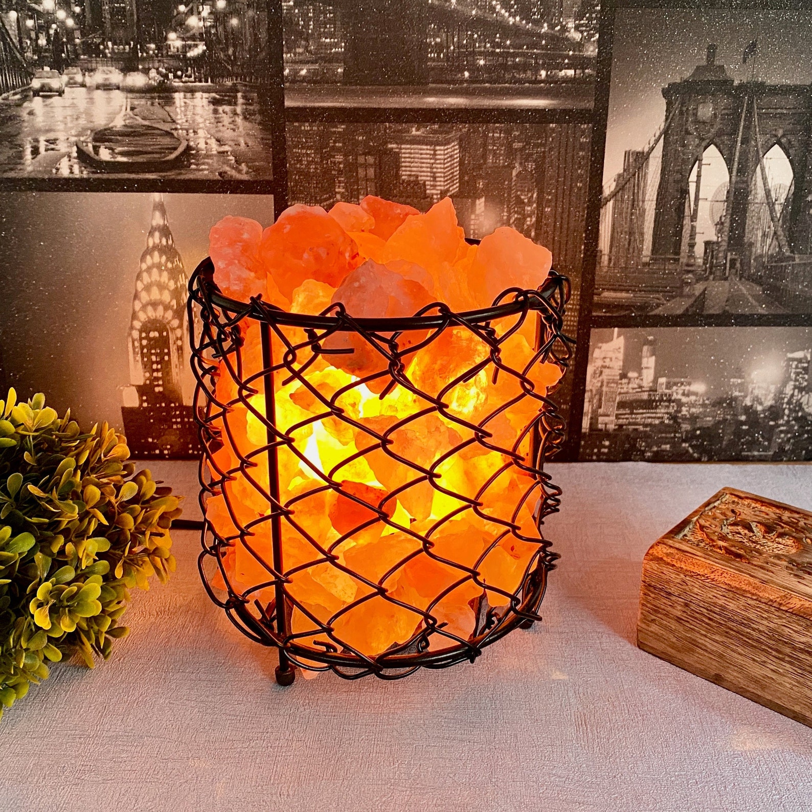 Himalayan Salt Round Metal Basket lamp Hand Crafted Salt Etsy