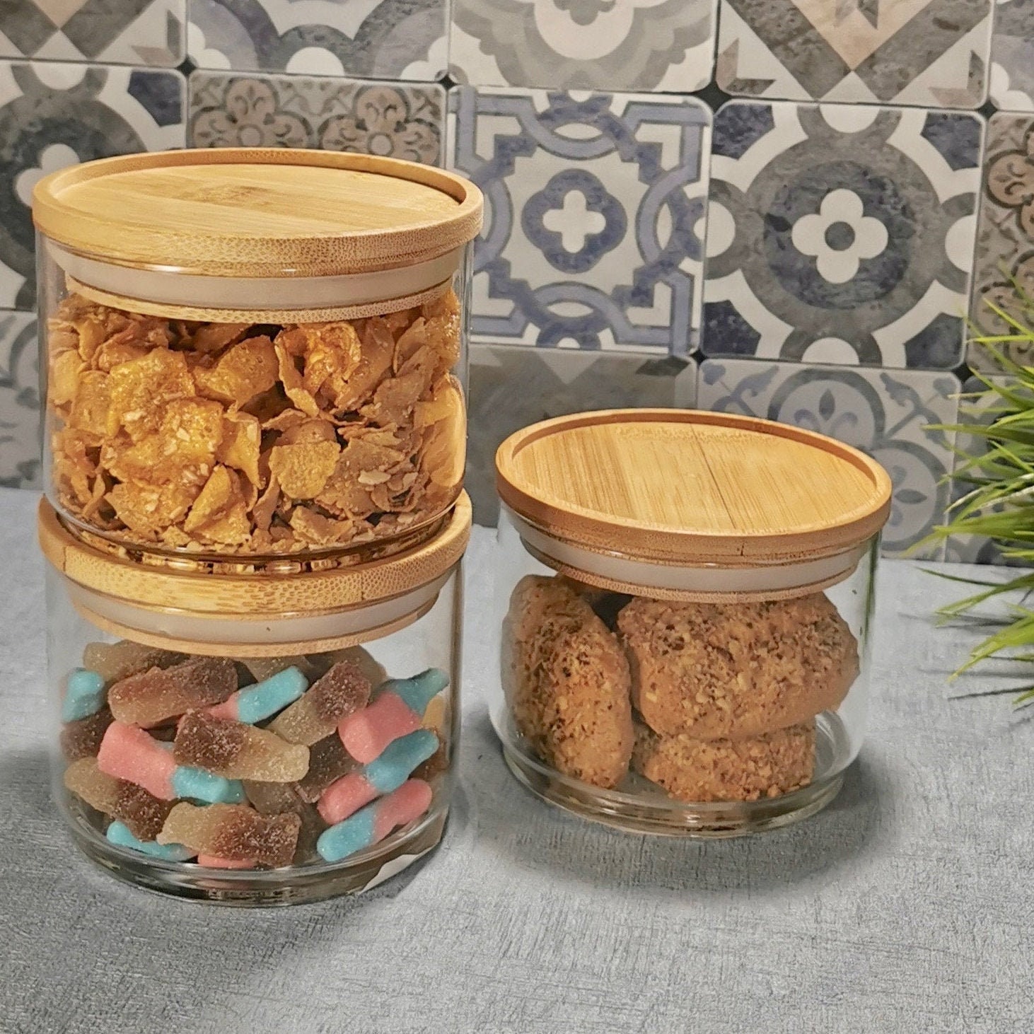 Stacking Glass Storage Jars Set of 3 Bamboo Lid Bamboo Etsy