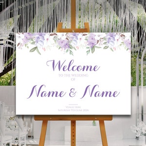 PURPLE LILY ROSES Welcome Sign, Printed Sign A1 A2 A3 A4, Welcome Sign Order of the Day, Purple Lilacs, Personalised Wedding Welcome Sign