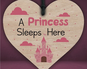 RED OCEAN The Princess Sleeps Here Wooden Hanging Heart Bedroom Plaque Girls Door Sign 