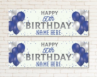 2 Personalised 50TH Happy Birthday Banners Balloons Silver Blue Kid & Adult Party Navy Blue Decor Boys For Him Wall Decor Celebration