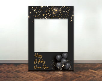 BIRTHDAY SELFIE FRAME Personalised Black and Gold Balloon Name Age Selfie Frame Props Party Happy Birthday Decoration Party Supplies