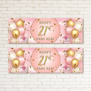 2 Personalised Gold Pink Kid & Adult Birthday 21ST Party Banner Event Wall Decor