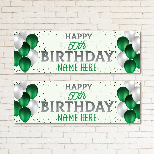 2 Personalised HAPPY BIRTHDAY Banners Party Posters Green & Silver Balloons Custom Age Wall Decor Party Supplies Decor