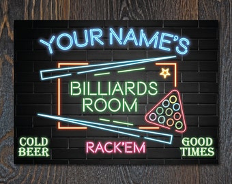 Personalised Billiards Neon Effect Games Room Sign Wall Decor Gift Metal Plaque