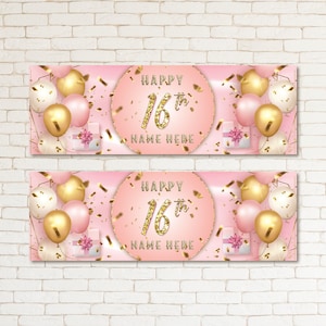 2 Personalised Gold Pink Kid & Adult Birthday 16TH Party Banner Event Wall Decor Party Supplies For Girls Daughters Sisters Sweet Sixteen 2 Paper (1x3 ft)