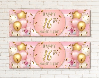 2 Personalised Gold Pink Kid & Adult Birthday 16TH Party Banner Event Wall Decor Party Supplies For Girls Daughters Sisters Sweet Sixteen