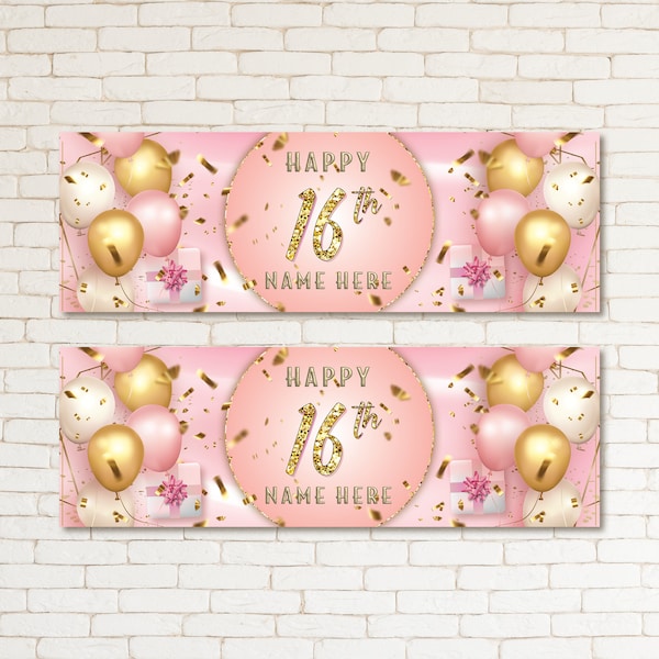 2 Personalised Gold Pink Kid & Adult Birthday 16TH Party Banner Event Wall Decor Party Supplies For Girls Daughters Sisters Sweet Sixteen