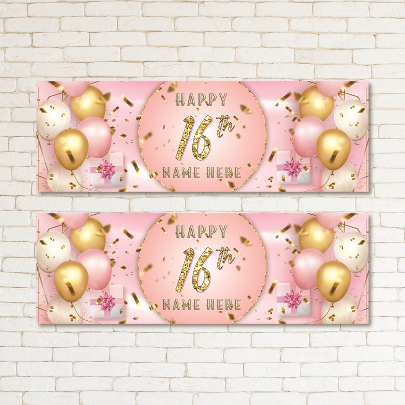 2 Personalised Gold Pink Kid & Adult Birthday 16TH Party Banner Event Wall Decor Party Supplies For Girls Daughters Sisters Sweet Sixteen image 1