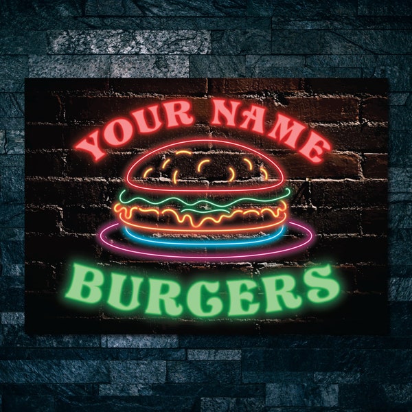 PERSONALISED Burger neon, Fast food Sign for cafe wall Decor Metal Plaque