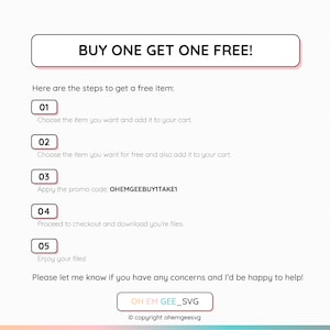Puede incluir: Un gr&aacute;fico rosa y blanco con el texto "BUY ONE GET ONE FREE!" y una lista de cinco pasos para obtener un art&iacute;culo gratis. Los pasos est&aacute;n numerados del 1 al 5 e incluyen instrucciones como "Elige el art&iacute;culo que deseas y agr&eacute;galo a tu carrito" y "Aplica el c&oacute;digo promocional: OHEMGEEBUY1TAKE1".