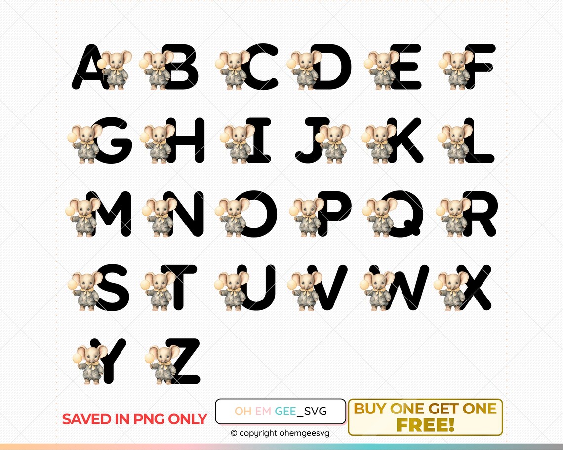 White Elephant Lettering Baby Elephant Letters Clipart, Elephant Alphabet for Sublimation ...