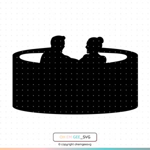 May include: Silhouette of two people sitting in a round hot tub. The hot tub is black and the people are facing each other.