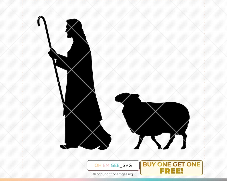 May include: Black silhouette of a person holding a staff with a sheep walking to the right. The person is wearing a long robe. The image is a simple silhouette with no background.