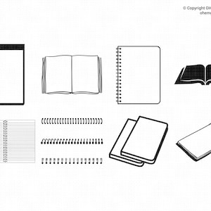 Op de afbeelding: Een set zwart-wit illustraties van verschillende soorten notitieboekjes en dagboeken. De illustraties omvatten een spiraalgebonden notitieboek, een gebonden boek, een notitieblok en een dagboek met een rug.