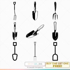 May include: A set of nine black gardening tools, including shovels, a trowel, and a hand rake. The tools are isolated on a white background.  "Buy One Get One Free!" is written in the bottom right corner of the image.
