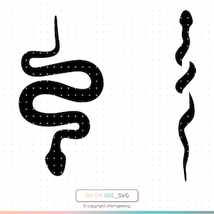 Può includere: Due sagome di serpenti neri con motivi a pois bianchi su sfondo bianco. Uno è arrotolato, l'altro è un design segmentato verticale. L'immagine include il testo "OH EM GEE_SVG" e informazioni sul copyright.