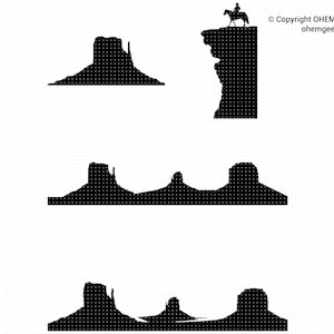 以下が含まれることがあります： 3つの岩の形成を持つ砂漠の風景のシルエット。形成は高く、細く、平らな頂上があります。風景は白い背景に対して濃い灰色です。