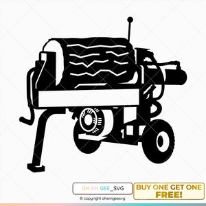 May include: Black and white silhouette of a log splitter with a wooden log, wheels, and a lever. The log splitter is on a stand with a metal frame.