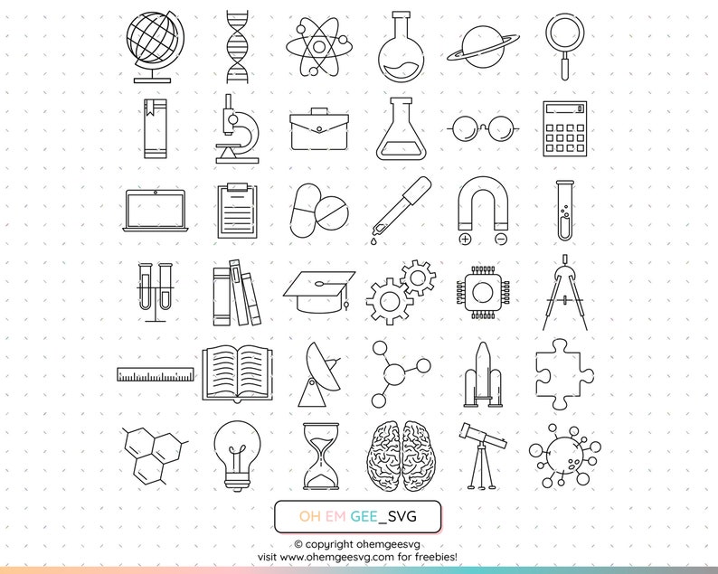 May include: A set of 30 black and white line art icons related to science, education, and learning. The icons include a globe, DNA strand, atom, beaker, planet, magnifying glass, microscope, briefcase, test tube, glasses, calculator, laptop, clipboard, pills, dropper, magnet, test tubes, books, graduation cap, gears, computer chip, compass, ruler, book, satellite dish, molecule, rocket, puzzle, honeycomb, light bulb, hourglass, brain, telescope, and a virus.