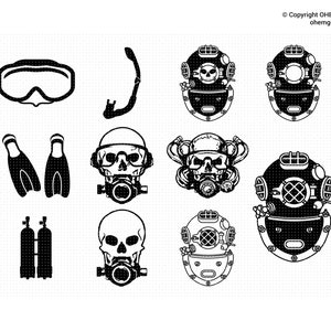 May include: A set of nine black and white illustrations of scuba diving equipment. The illustrations include a diving mask, snorkel, fins, scuba tanks, a skull with a diving mask, and three different types of diving helmets.