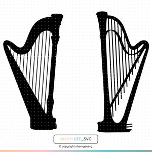 Könnte beinhalten: Zwei schwarze Silhouettenbilder einer Harfe, einem Musikinstrument mit Saiten.