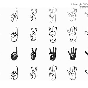 Puede incluir: Un conjunto de 24 gestos de manos en blanco y negro, que muestran los números del 0 al 5. Cada gesto de mano se representa en cuatro estilos diferentes: contorno, relleno, contorno con un guante blanco y relleno con un guante blanco.