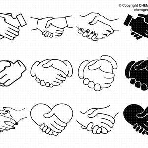 Puede incluir: Un conjunto de 12 iconos de apretón de manos en blanco y negro. Los iconos representan diferentes apretones de manos, incluyendo una forma de corazón, un apretón de manos tradicional y un apretón de manos con forma de corazón.
