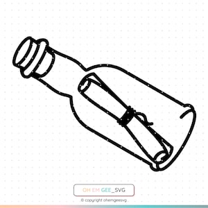 May include: A black and white line drawing of a glass bottle with a cork stopper. Inside the bottle is a rolled up piece of paper tied with string.