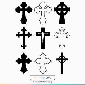 May include: Nine cross designs in black and white. The crosses vary in style, including Celtic, ornate, and simple shapes. The image includes the text "OH EM GEE_SVG" and a copyright notice.