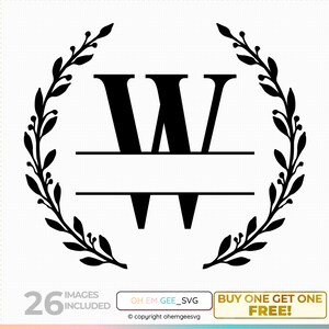 May include: Black and white monogram initial "W" with a split line for a name, surrounded by a wreath of leaves.
