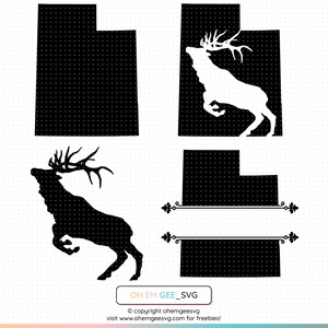 May include: Black and white silhouette of the state of Utah with an elk silhouette inside. Below is a black and white silhouette of the state of Utah with a blank space for text. The text "OH EM GEE_SVG" is at the bottom of the image.