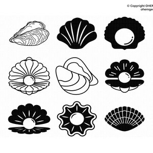 Puede incluir: Nueve ilustraciones en blanco y negro de varios tipos de conchas. Algunas conchas están abiertas y contienen una perla.