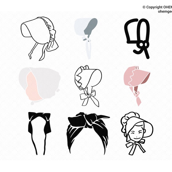 Baby Bonnet SVG Bundle, Baby Bonnet SVG, Sun Protection Bonnet Svg, Pilgrim Bonnet Svg, Cat Ears Bonnet Svg, Bonnet Svg, Bonnet Silhouette