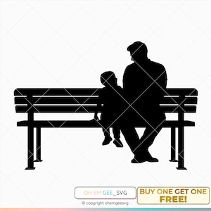 May include: Black silhouette of a father and child sitting on a park bench. The father is sitting on the left side of the bench and the child is sitting on the right side of the bench.