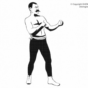 Könnte beinhalten: Eine Schwarzweißillustration eines Mannes in Boxhaltung. Er trägt eine schwarze Hose und einen Schnurrbart.