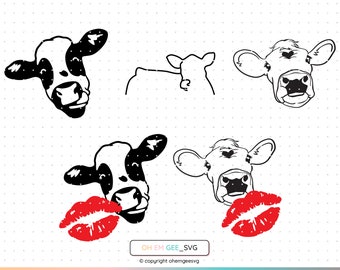 May include: Black and white line art illustration of a cow with a red heart-shaped lip print. The cow is looking at the viewer with a happy expression. The text "OH EM GEE_SVG" is below the image.