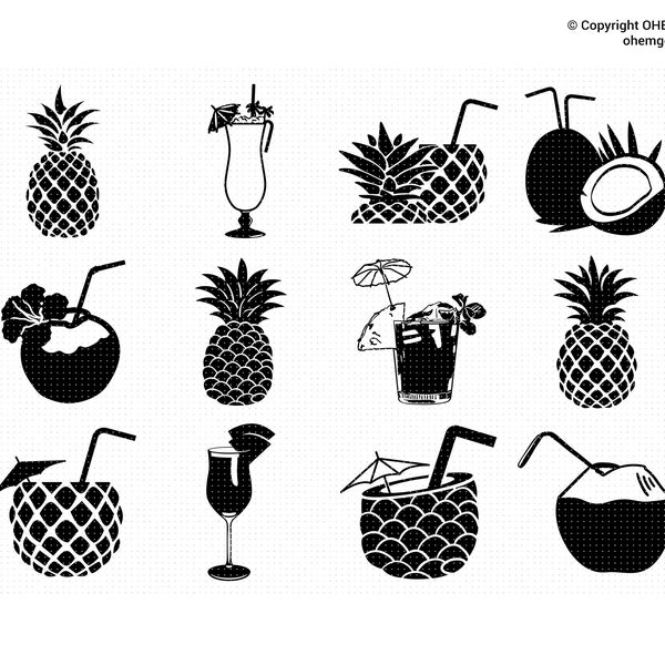 Tropical Drinks SVG Bundle, Tropical Drinks Png, Coconut Clipart, Pineapple Dxf, Pina Colada Eps, Cocktail Cricut, Summer Drink Cut File